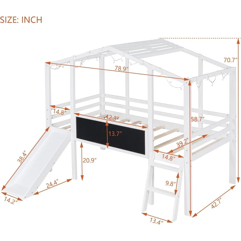 FAROUCHE Loft Bed Twin Size with Slide, Elegant Twin House Bed Frame with Blackboard and Light Strip, Solid Wood Playhouse Bed w
