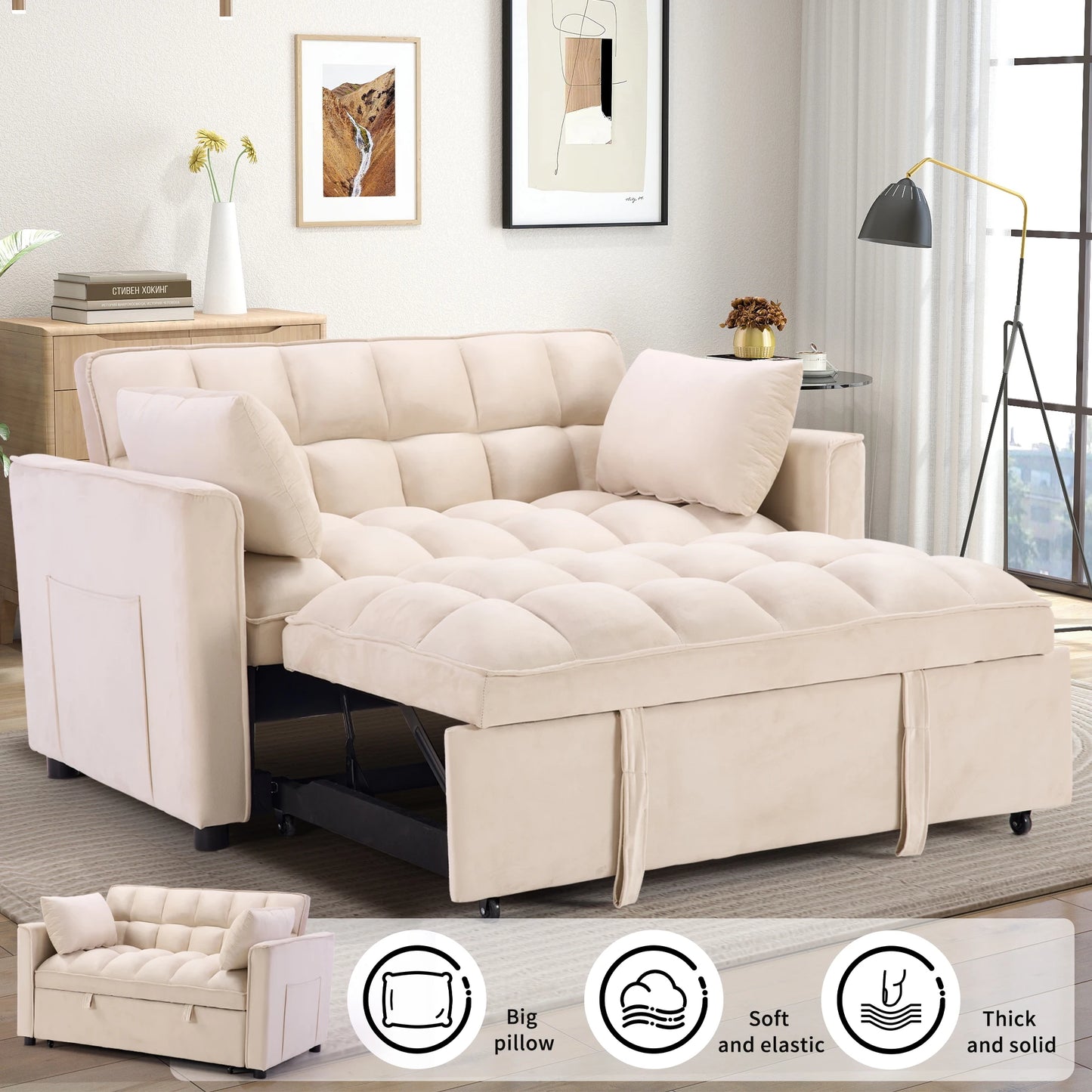 EBELLO 3-In-1 Multifunctional Modern Sofa Bed Comfortable Double Sofa With Pillows