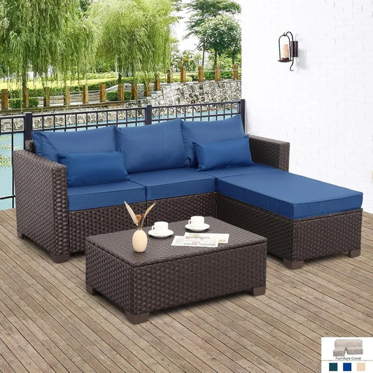 Patio Furniture Set Outdoor Sectional Sofa Set 3 Pieces Wicker Patio Furniture Outdoor Couch Outdoor Ottoman Coffee Table