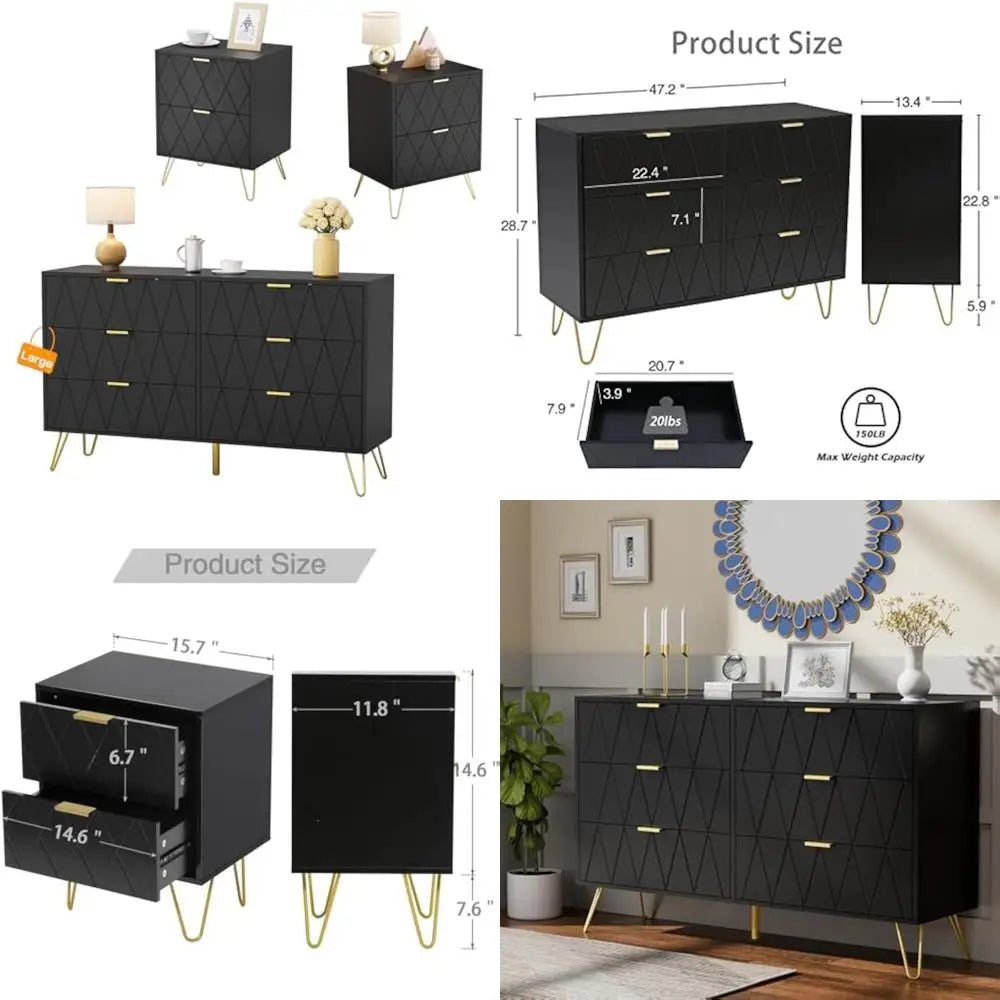 Black Three Piece Bedroom Set With Nightstands And Dresser