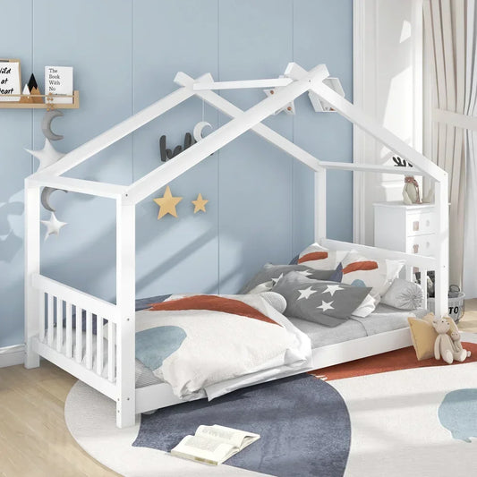White house Children Beds，Low Profile House Bed, Wood House-Shaped Twin Platform Bed for Kids, No Box Spring Needed