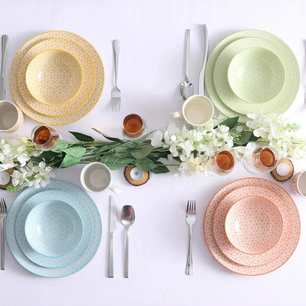 Vancasso Natsuki 16PCS tableware Porcelain Multi-Colour Japanese-style Dinnerware Set with 4 Dinner Plate Dessert Plate Bowl Mug