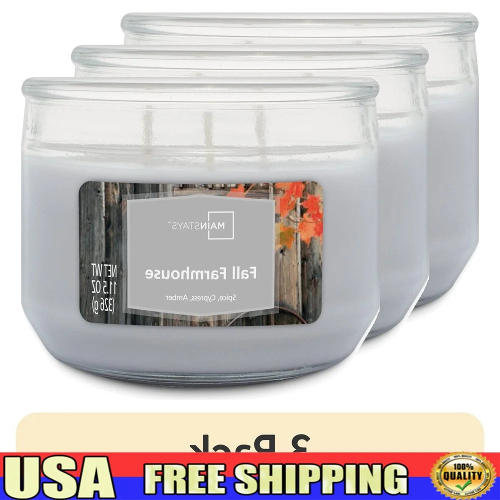 3 Pack Fall Farmhouse Scented Candle 11.5oz 3 Wick Paraffin Wax Bourbon Brown Sugar Pecan Gift Idea Perfect Home Decor