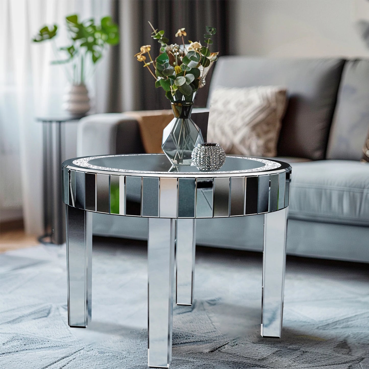 LUVODI Luxury Round Mirrored Side Table Diamonds Inlay