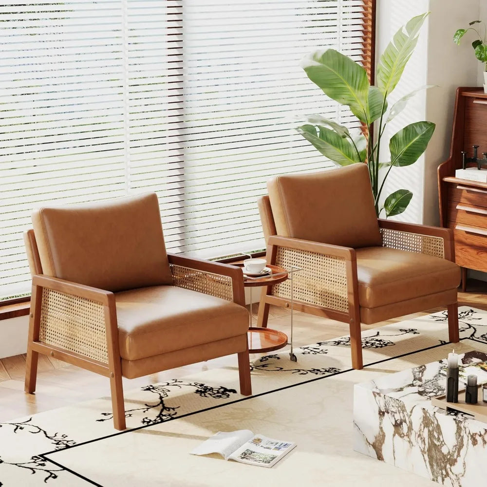 Brown Accent Chair Set of 2 Upholstered Living Room Chairs Natural Rattan Armchair, Modern Faux Leather Slipper