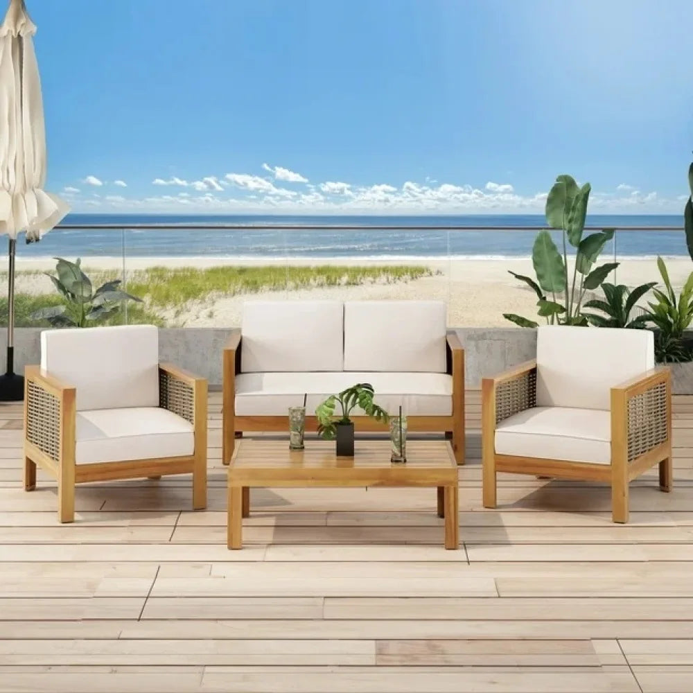 Outdoor Acacia Wood Club Chair with Wicker Accents, Teak Finish ,Mixed Brown,Beige,Patio Furniture Conversation Set for Backyard