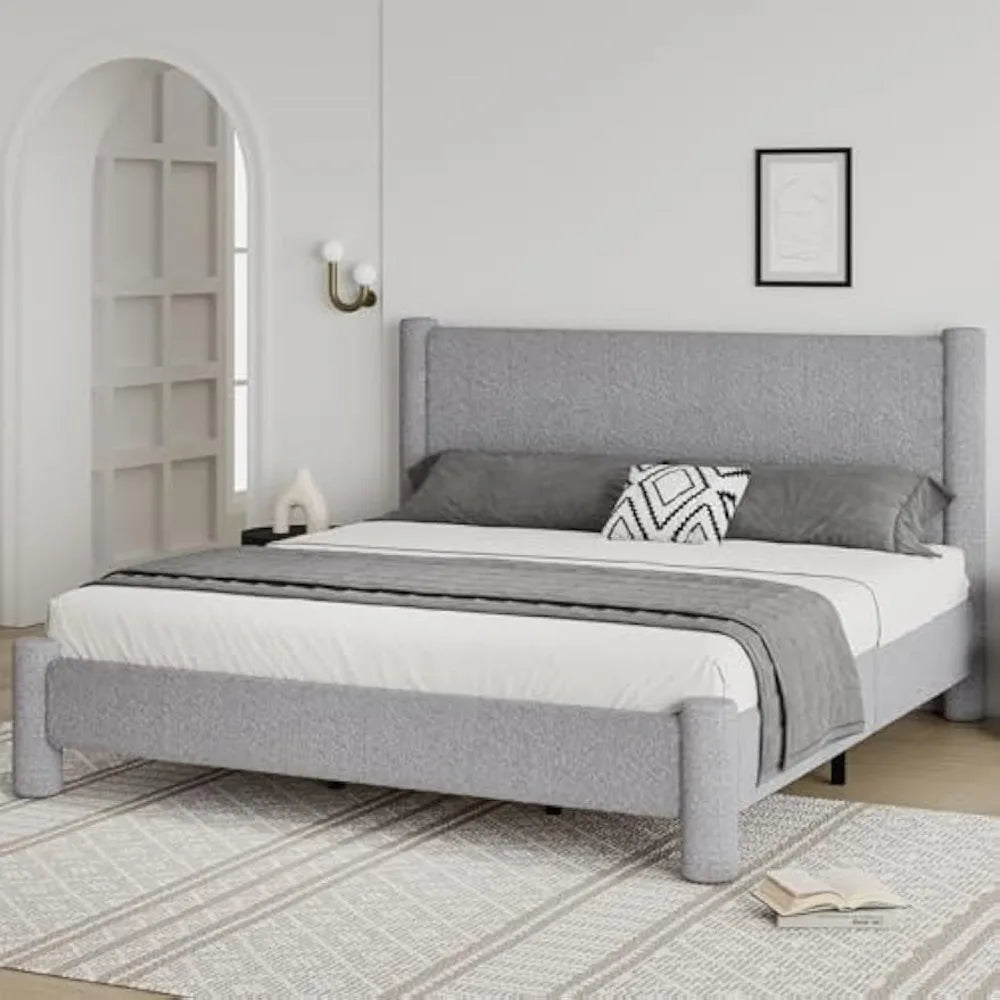 HUANZHUANG Boucle Upholstered Platform Bed Frame Headboard