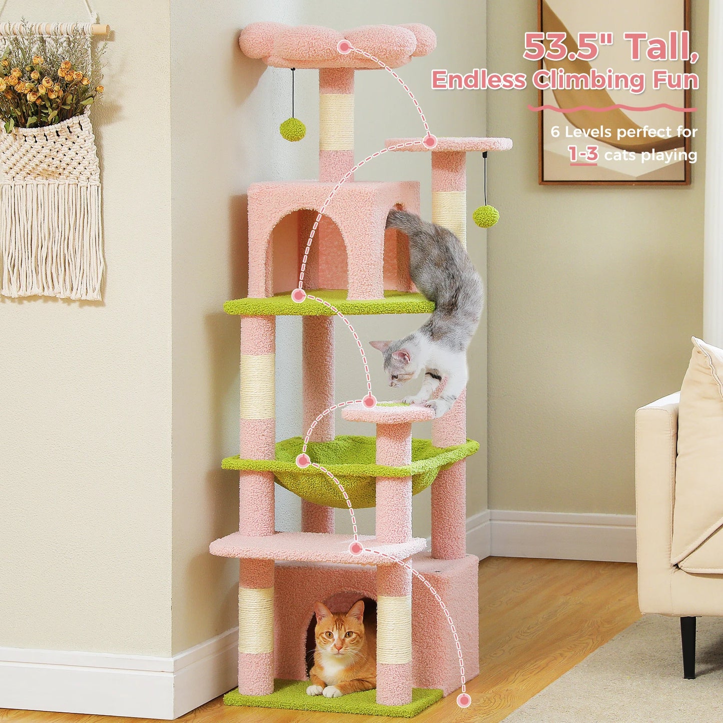 Delightful 6-Level Cat Tree Tower with Cozy Hammock and Pompoms