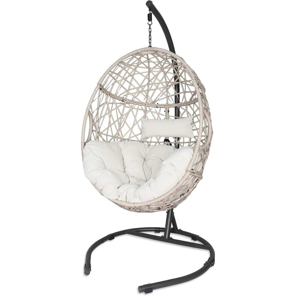 Patio Wicker Egg Hanging Chair, Outdoor Rattan Hammock Swing Chair with Stand and Cushion for Bedroom Balcony Garden