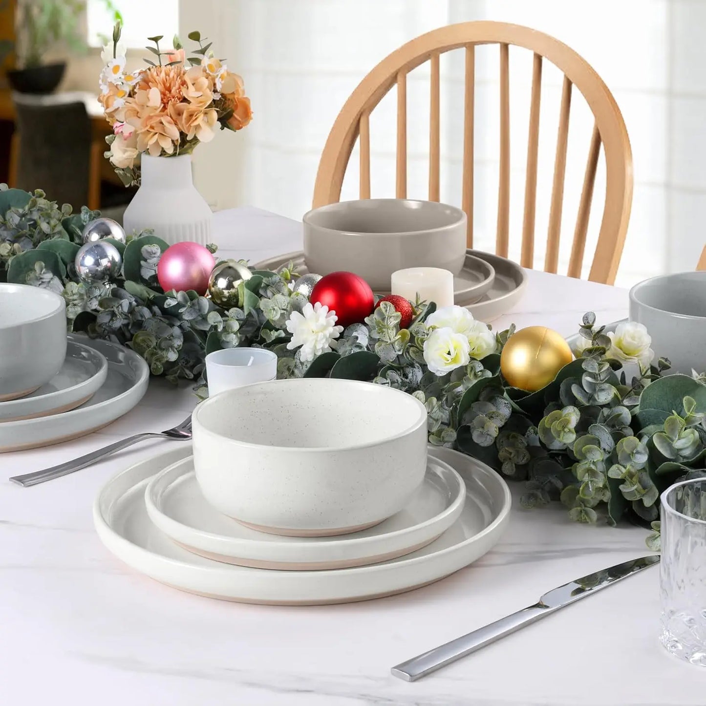 Dinnerware Set for 6, Dining Plates and Bowls Dishes for Kitchen Dining, 18PCS Ceramic Dinner Set, Scratch Resistant & Dishwashe