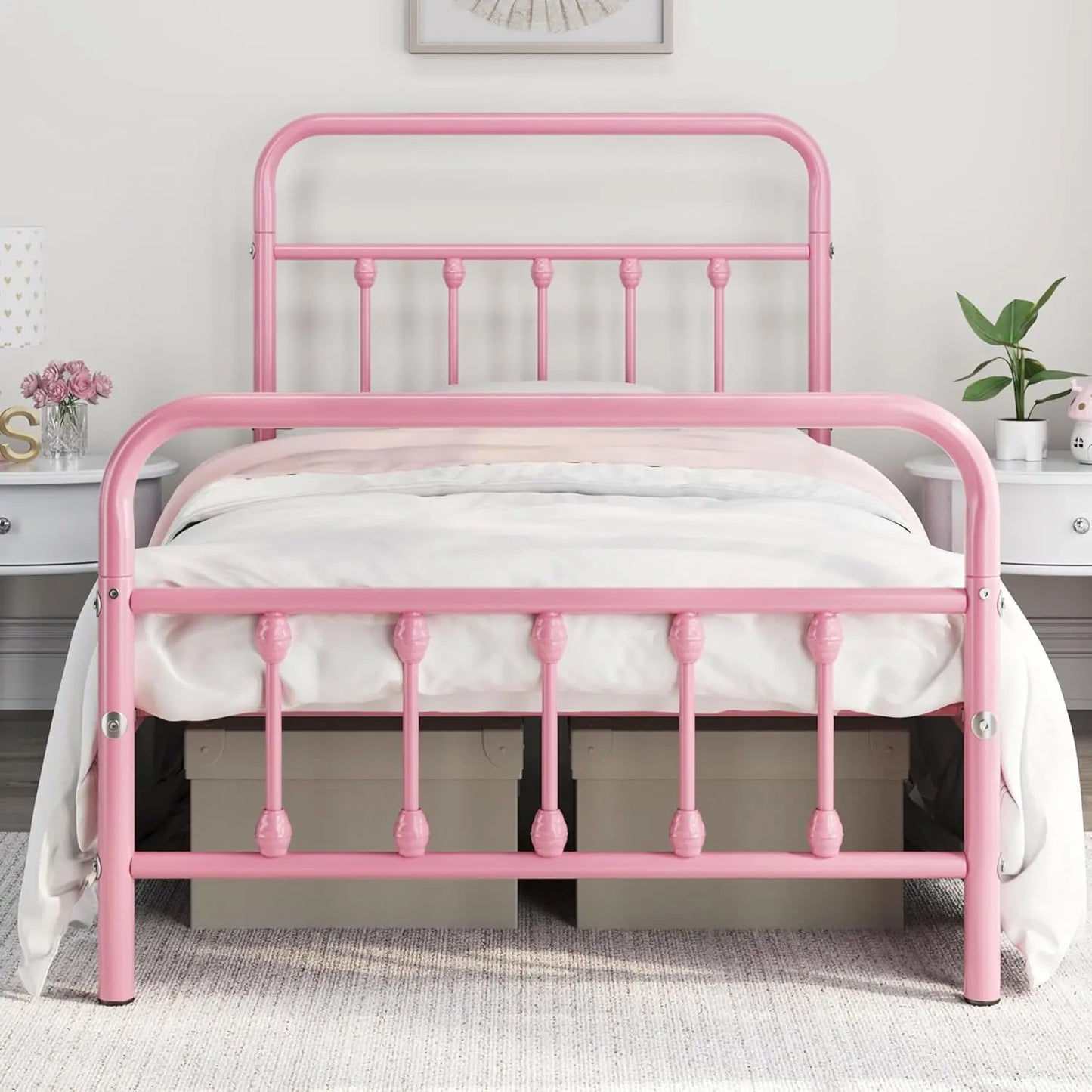 Classic Metal Platform Bed Frame Mattress Foundation with Victorian Style Iron-Art Headboard/Footboard/Under Bed Storage