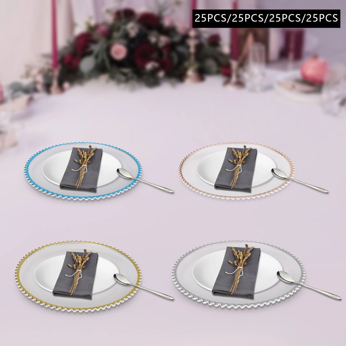 25pcs Gold/Rose Gold/Silver/Blue 12.6inch Clear Charger Plates Table Charger Plates Dinner Charger Plates For Banquets Weddings