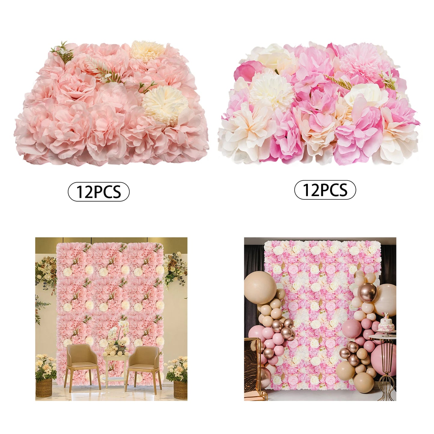12PCS Artificial Flowers Wall Panel 3D Floral Wall Background for Wedding Backdrop Wall Decor Outdoor Decoration15 * 15inch