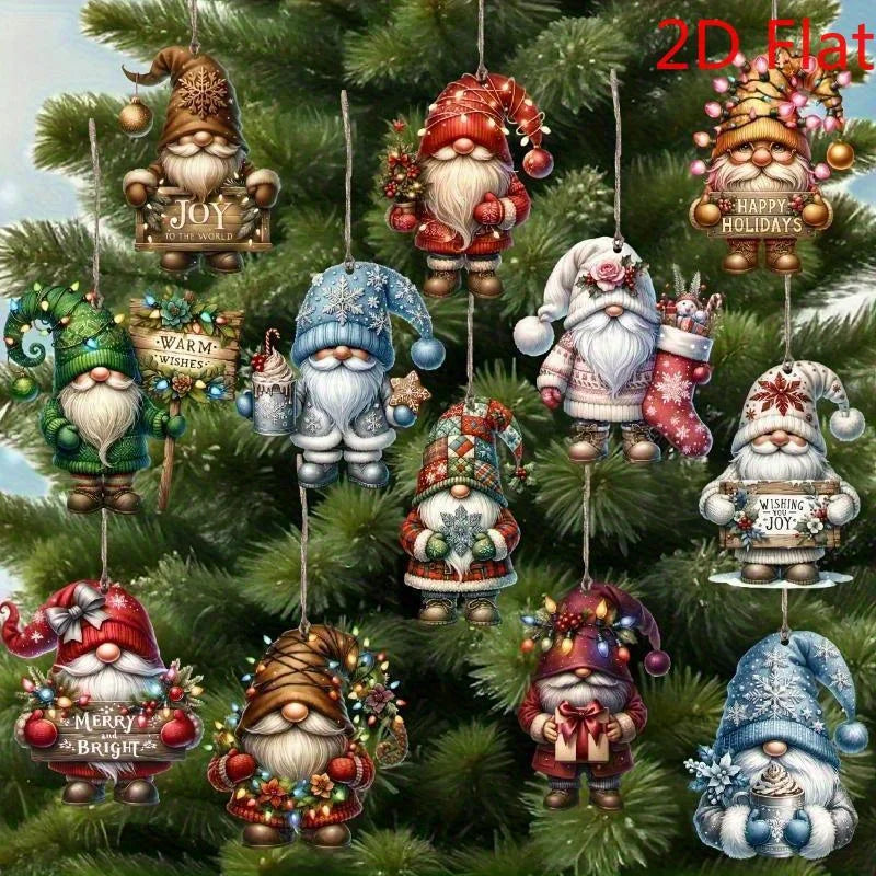 12pcs Handmade Wooden Gnome Ornaments - 2D Flat Christmas Tree Decorations