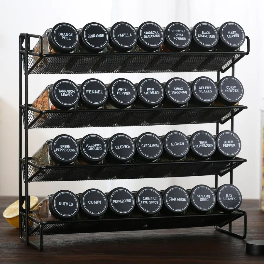 24Pcs Spice Jars Containers with Labels，4oz Black Seasoning Bottles with Shaker Lids for Rack, Cabinet, Drawer,Empty Square Cond