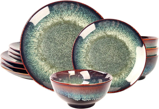 Dinner Set 12 Pieces - Round Reactive Glaze Tableware - Kitchen Dinnerware Porcelain Crockery with Dinner Plate, Bowl and Soup P