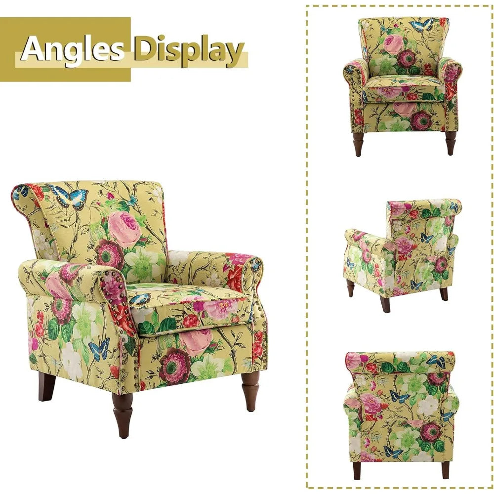 Contemporary Wingback Accent Chair with Wooden Legs and Removable Cushion, Plush Upholstered Armchair featuring Nailhead Trim, F