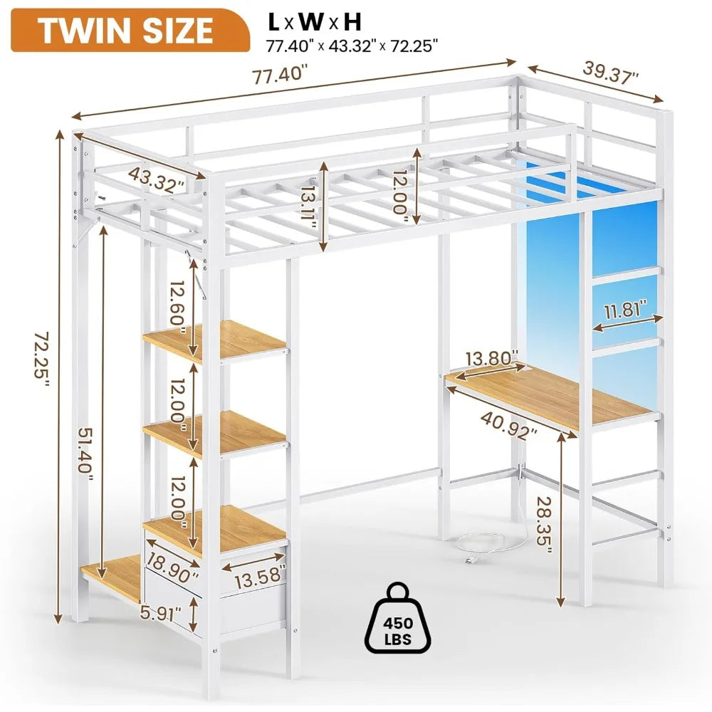 Metal Loft Bed Twin Size with Desk and Charging Station White Twin Loft Bed with LED Lights, 4 Storage Shelves and 2 Fabric Dra