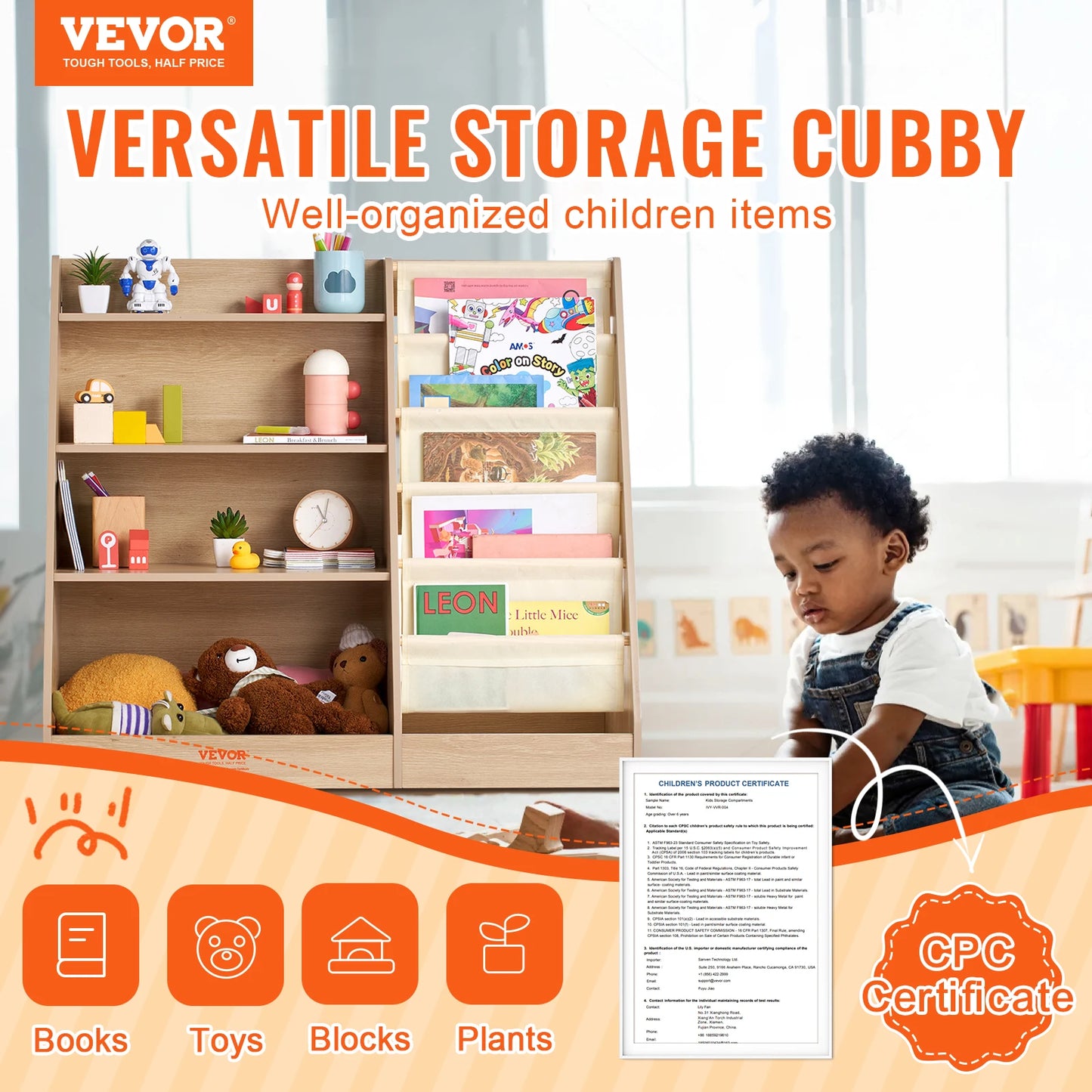 SucceBuy 4-Tier Kids Wooden Bookshelf Six-Layer Sling Bookcase  Storage Book Rack for Kids Room Playroom Kindergarten Nursery