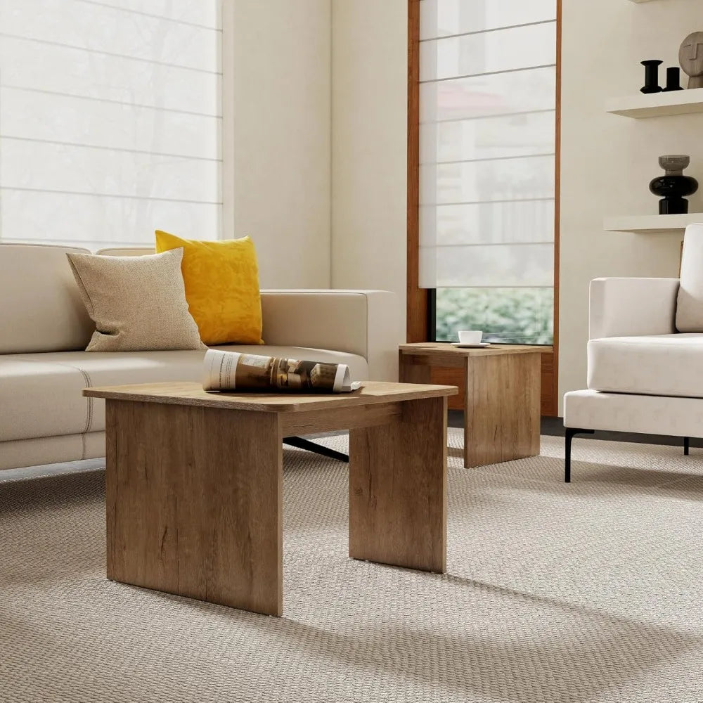Nesting Coffee Table Set of 2, Natural Wooden L-Shape Square Coffee Table, Small Center Table End Table Sets with Rustic