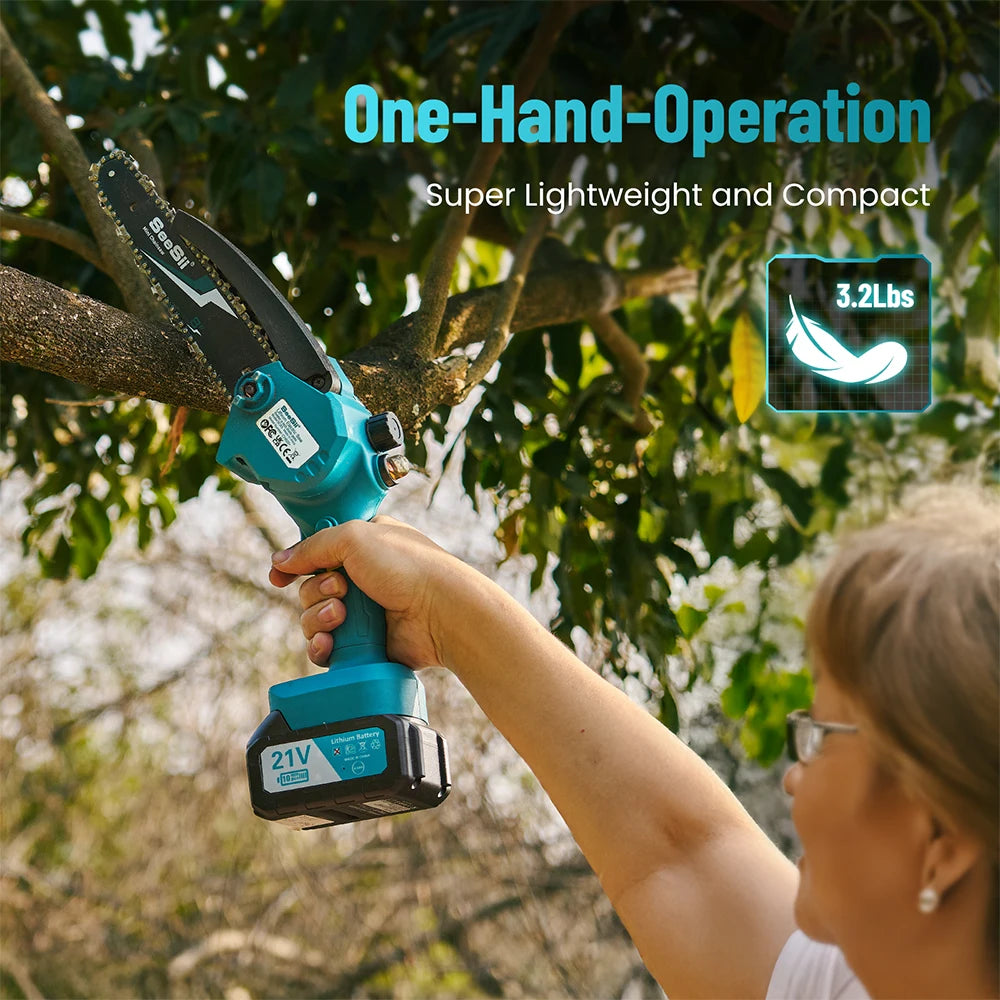 SeeSii Mini 8-inch Cordless Chainsaw Electric Saw Wood Cutter Pruning Garden Tools w/Lubrication Injector For Makita 18V Battery