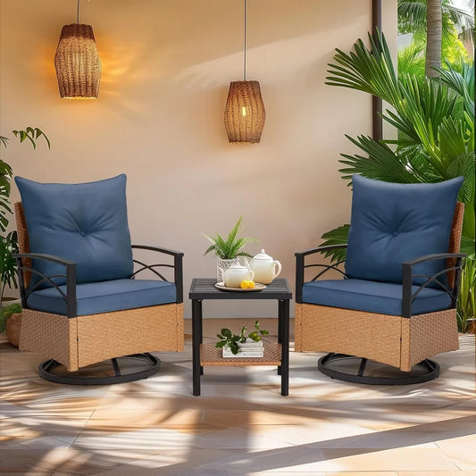 3 Pieces Patio Furniture Set, Outdoor Swivel Patio Rocker Chairs with Thick Cushions and 2-Tier Coffee Table