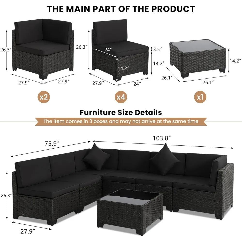 7 Pieces Patio Furniture Sets, Outdoor Furniture Patio Conversation Set, All Weather PE Rattan Sectional Sofa with Cushions