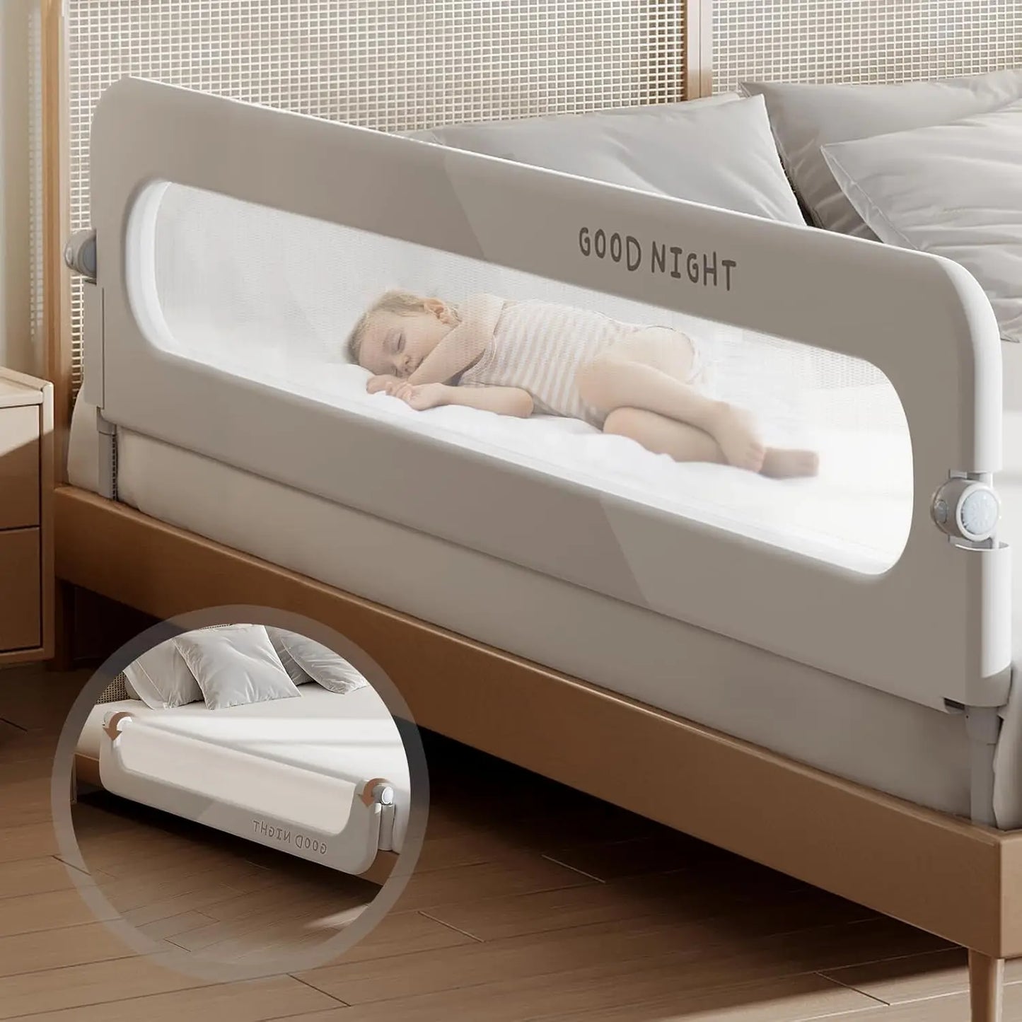 Foldable Toddler Bed Rails - Adjustable Height, Tool-Free Installation for Twin Queen King Beds (59inch)