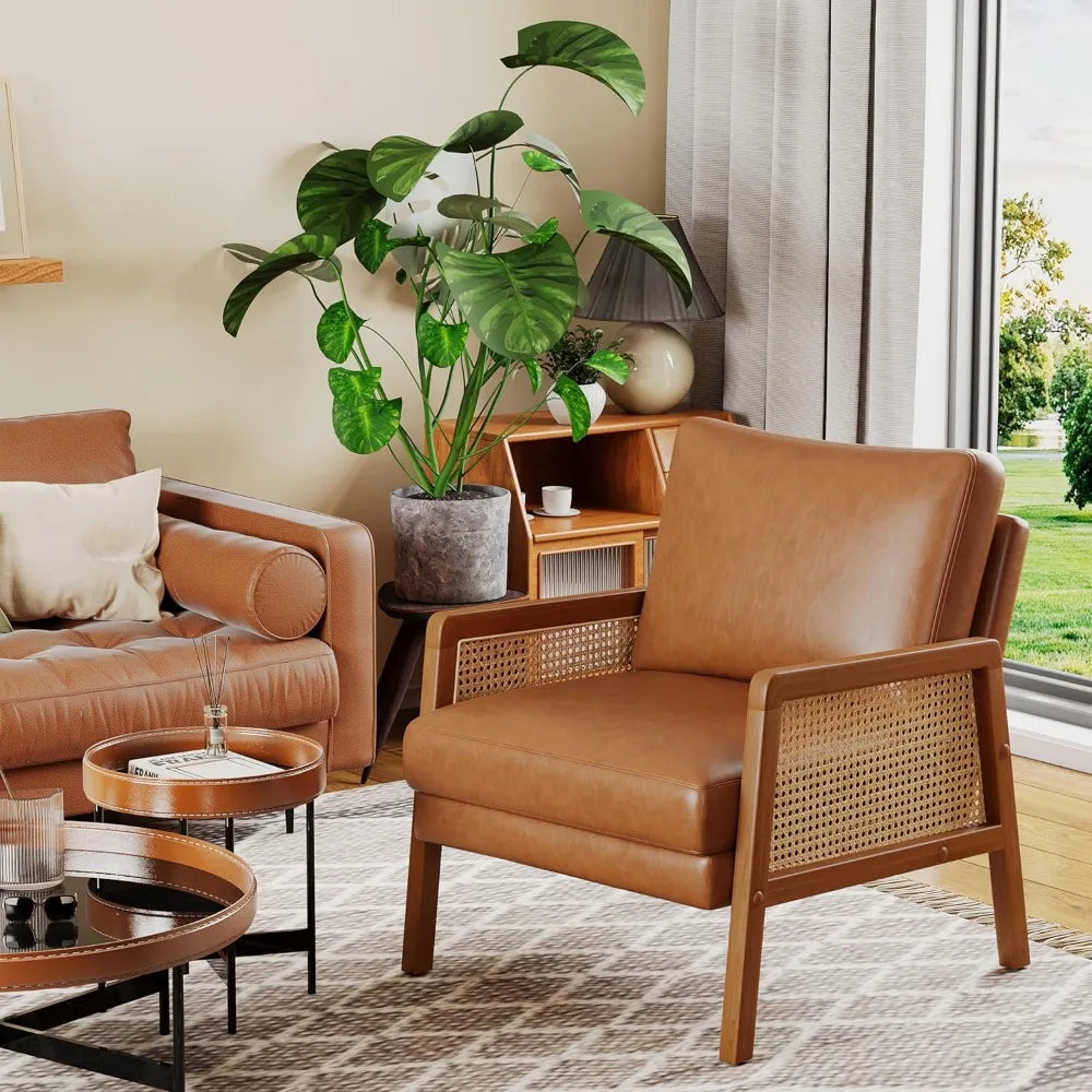 Brown Accent Chair Set of 2 Upholstered Living Room Chairs Natural Rattan Armchair, Modern Faux Leather Slipper