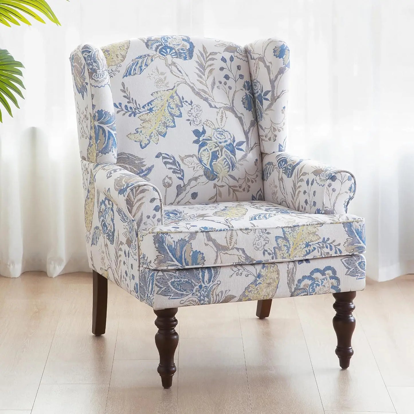 Living Room Chair Upholstered High Back Armchair Retro Printed Wingback Chair in Linen for Bedroom & Study Comfy Accent So