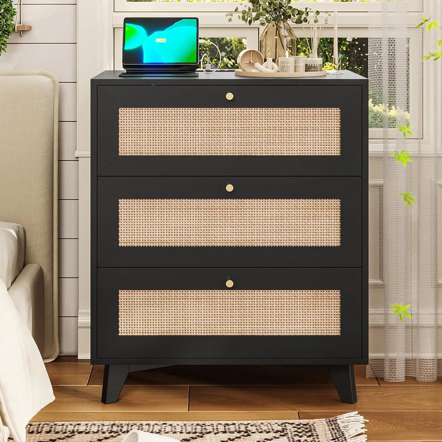 Rattan Nightstand with Charging Station, Night Stand with 3 Drawers and 2 USB Ports and 2 AC Outlets, Rattan Bedside Table