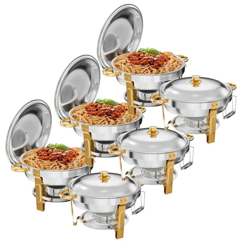 5QT 2/4 Pack Gold Round Chafing Dish Food Warmer Set with Stainless Steel Lid Fuel Can Home Party Hotel Buffet Gas Fuel Food Pan