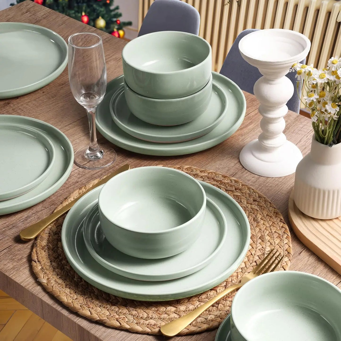 Stoneware Dinnerware Sets, 18-Piece Plates and Bowls Set for 6, Dishes Set for Home Restaurant, Speckled Asparagus Green