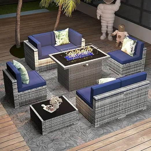 8 Pieces Patio Furniture Set with 44" Propane Gas Fire Pit Table, Outdoor Sectional Wicker Conversation Sofa Sets with Coffee Ta