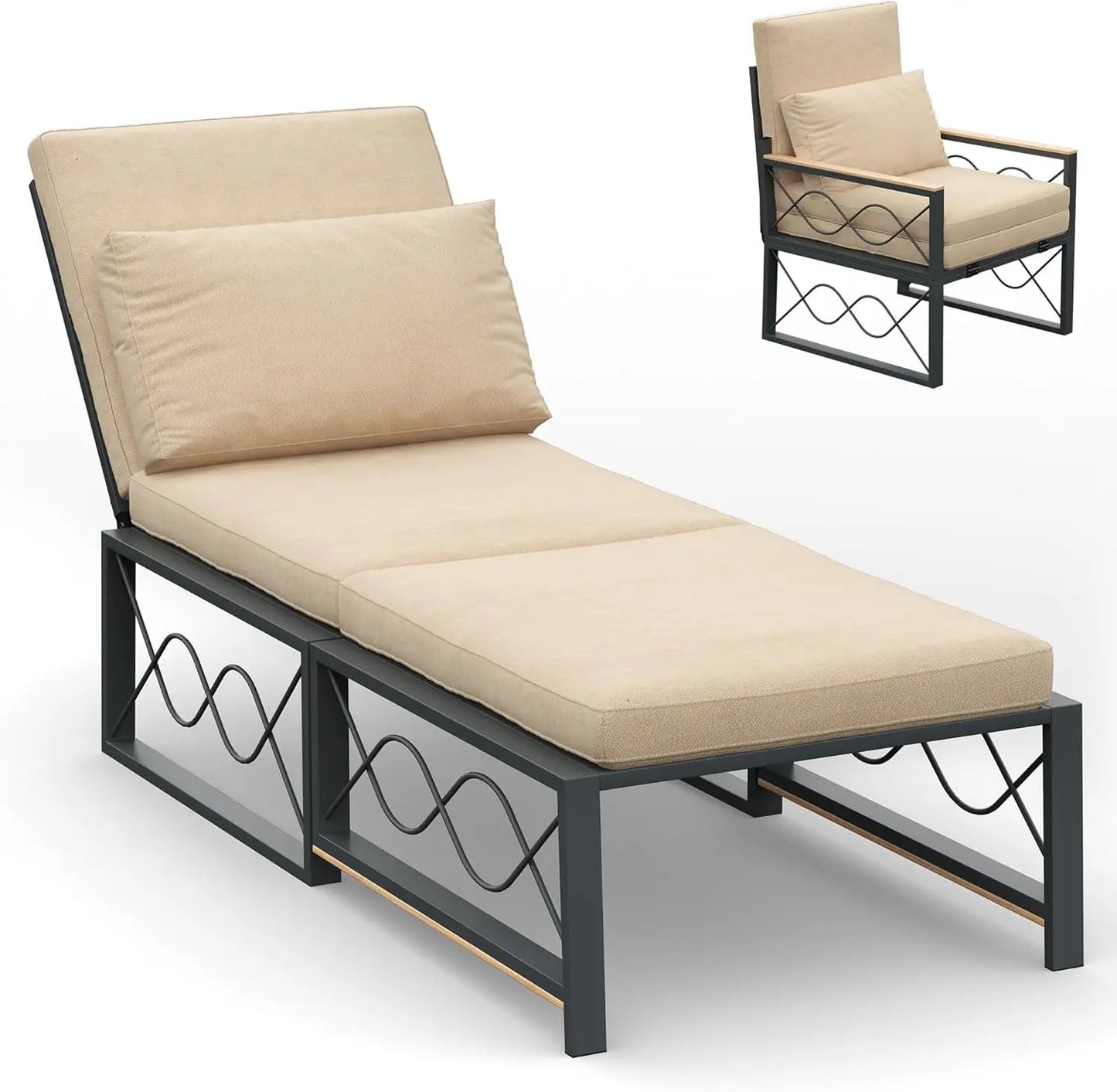 Outdoor Metal Chaise Lounge Chair, Convertible Patio Armchair with Cushions, Adjustable 5-Position Sun Recliner