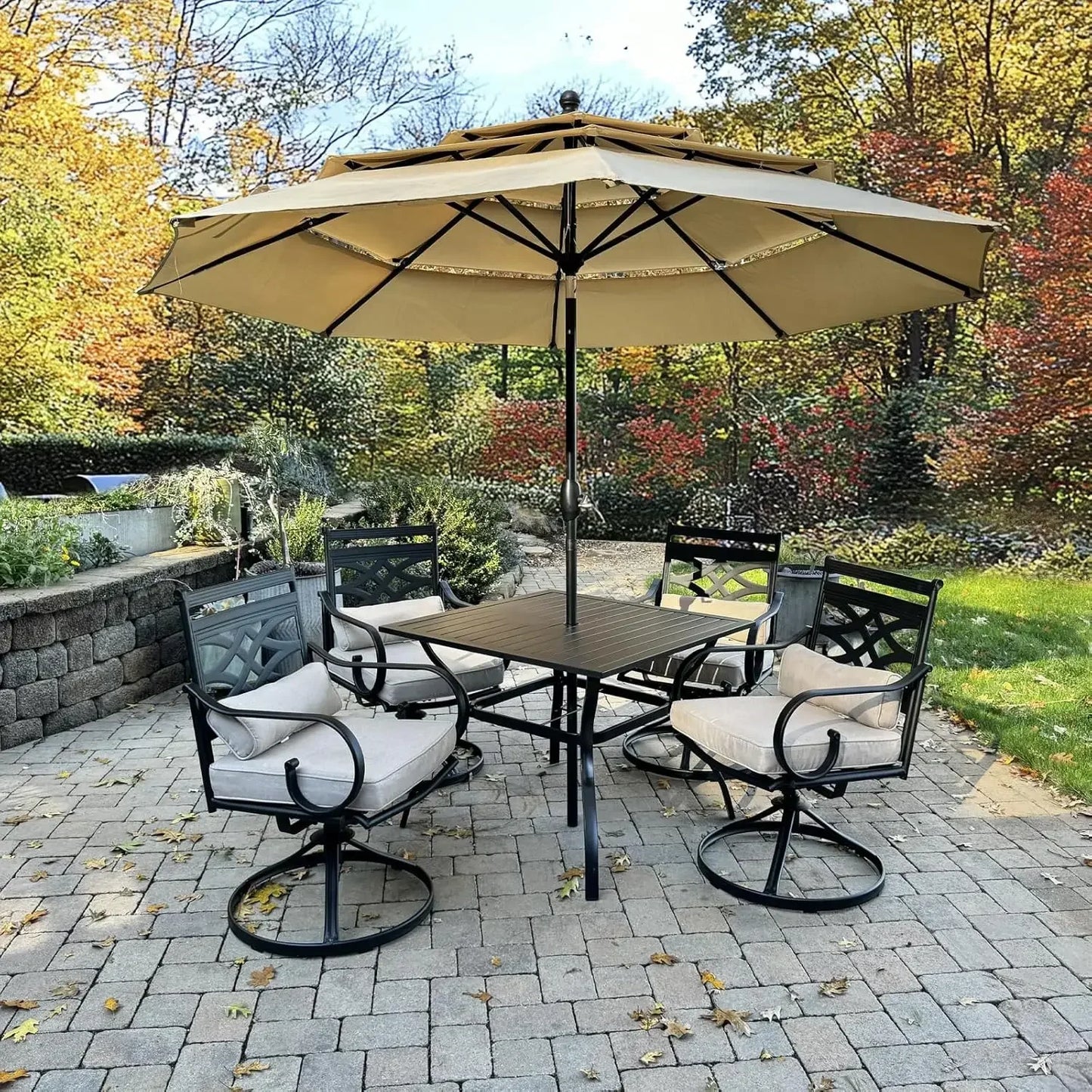 5 PCS Patio Dining Sets with 4 Swivel Chairs and 1 Square Table, All Weather Heavy Duty Black Frame, Outdoor Furniture for 4