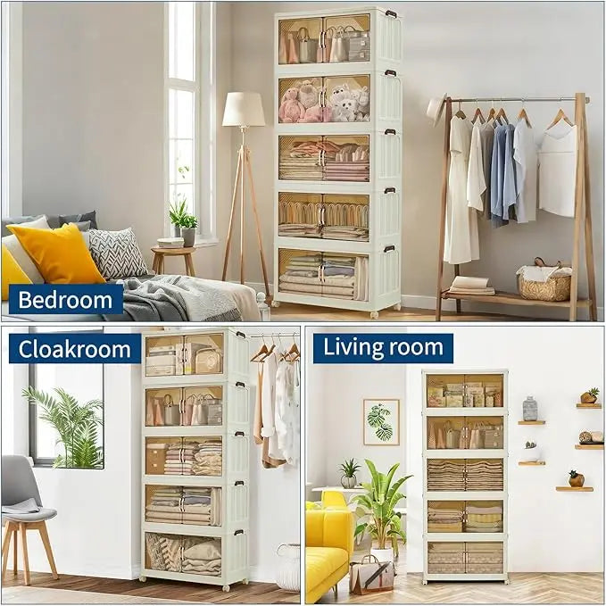 504QT Stackable Storage Bins, Plastic Bins for Storage with Lids,Magnetic Doors,Foldable Collapsible Closet Organizers for Home
