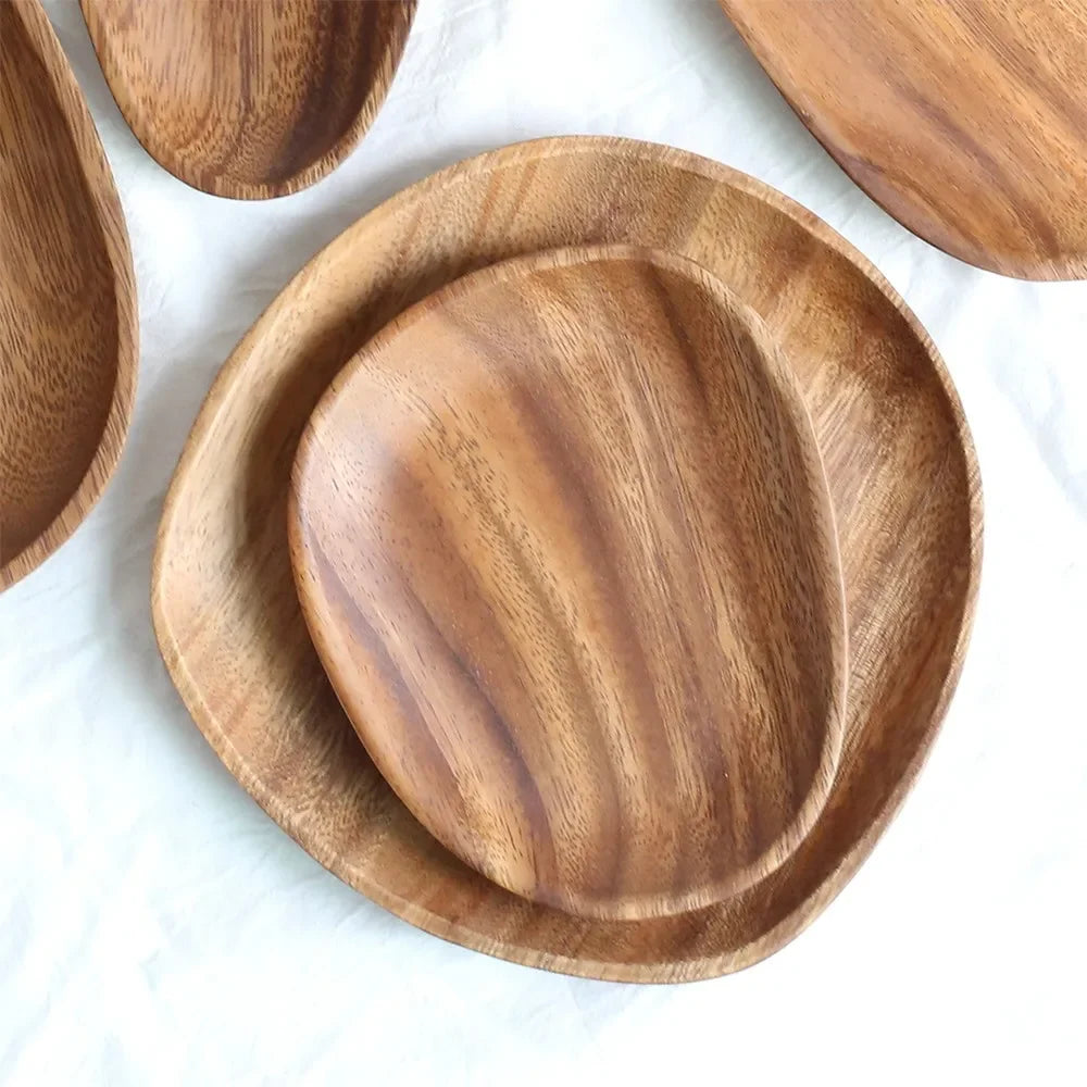 Walnut Acacia Irregular Oval Solid Wood Dinner Plate Tray