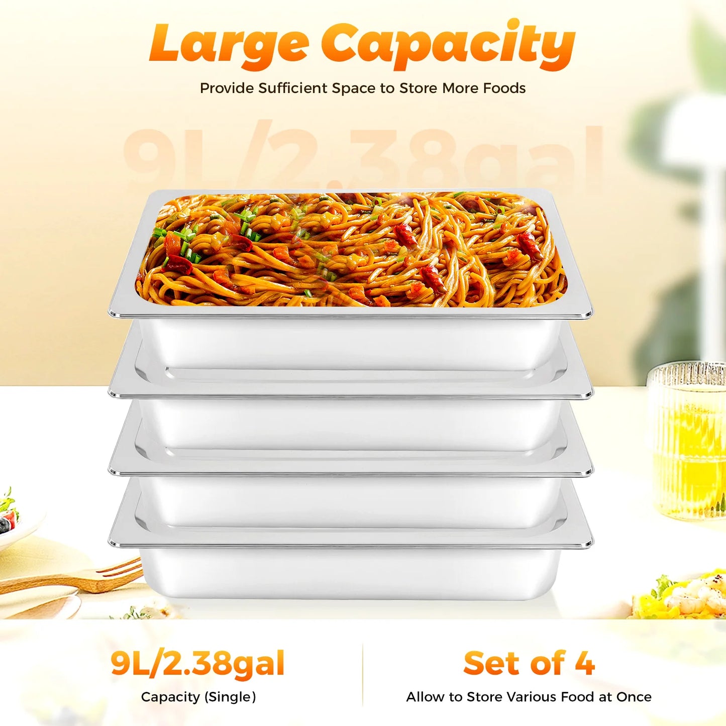 Commercial Chafing Dish Set 4PCS W/Concave Lids - 9L Stainless Steel Steam Table Pans for Buffet Catering Home Use