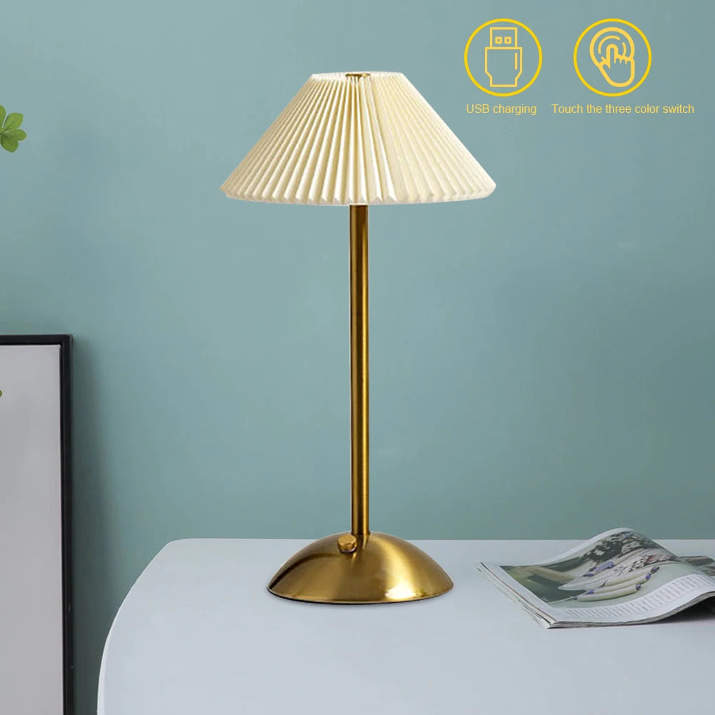 Nordic Pleated Table Lamp USB Charging Art Atmosphere Lamp Modern Style with Metal Base for Bedroom Living Room Decor