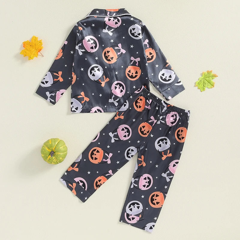 Women s Halloween Pajama Sets with Long Sleeve Lapel Pumpkin Bow Print Shirt and Pants for Cozy Sleepwear