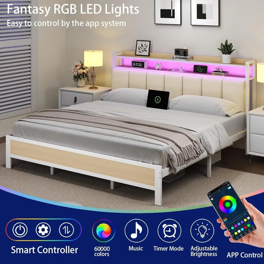 ANGDUO Bed Frame With Storage Headboard And LED Lights