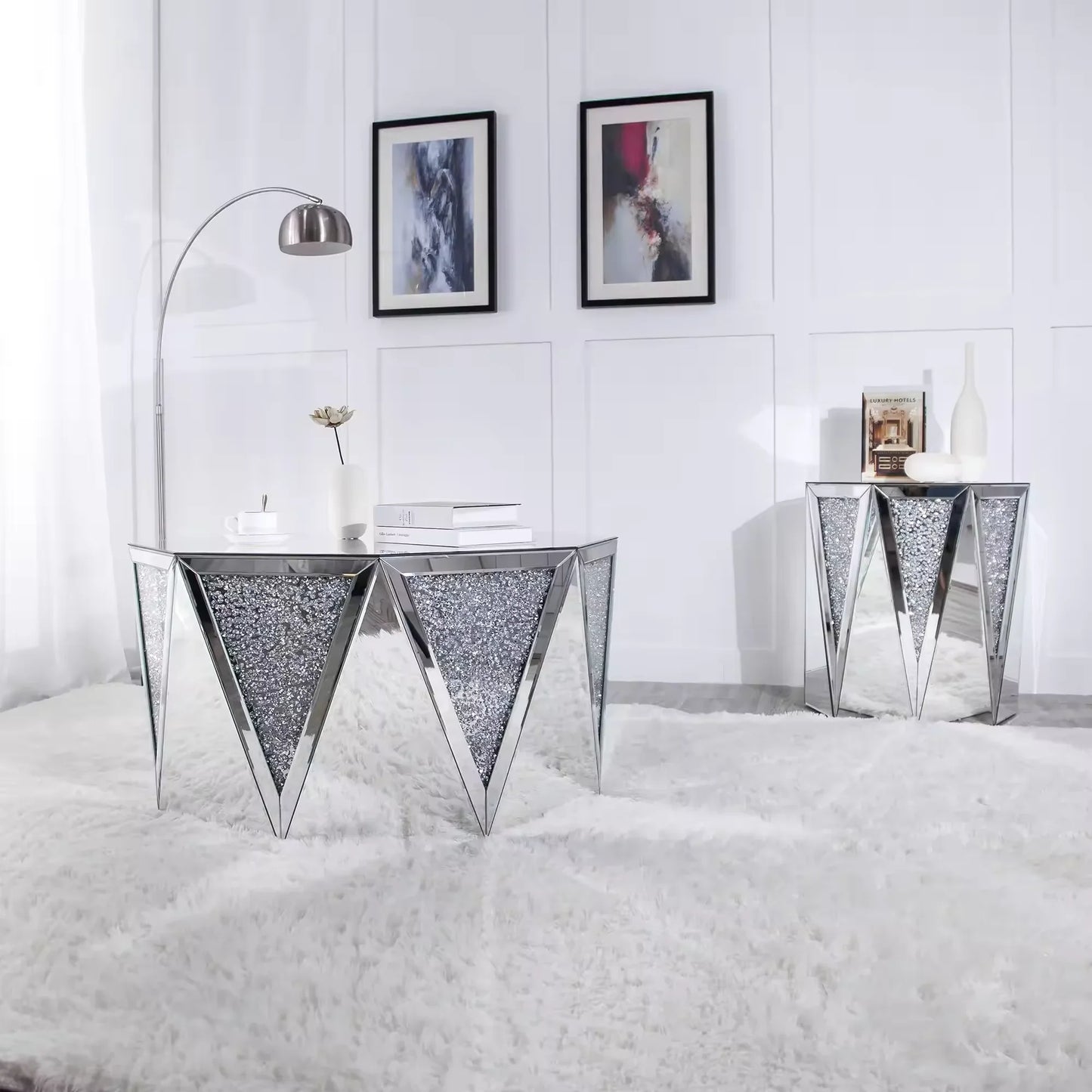 XMSJ Modern Glass Mirror Diamond Coffee Crystal End Table