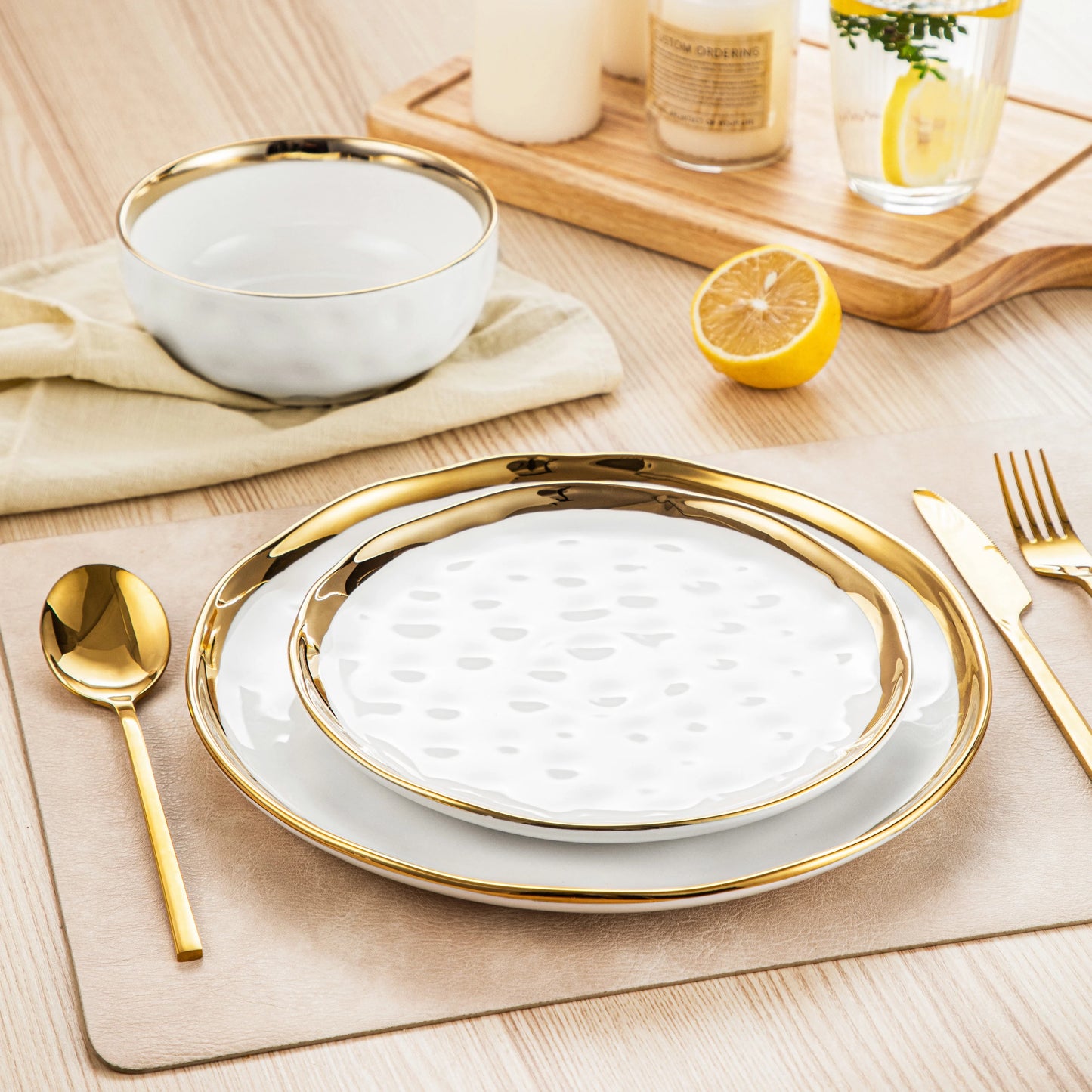 Lovecasa 12 or 24 Ceramic Dinnerware Set White Gold Rim