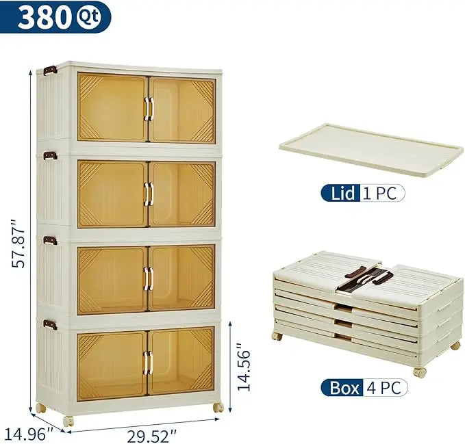 504QT Stackable Storage Bins, Plastic Bins for Storage with Lids,Magnetic Doors,Foldable Collapsible Closet Organizers for Home