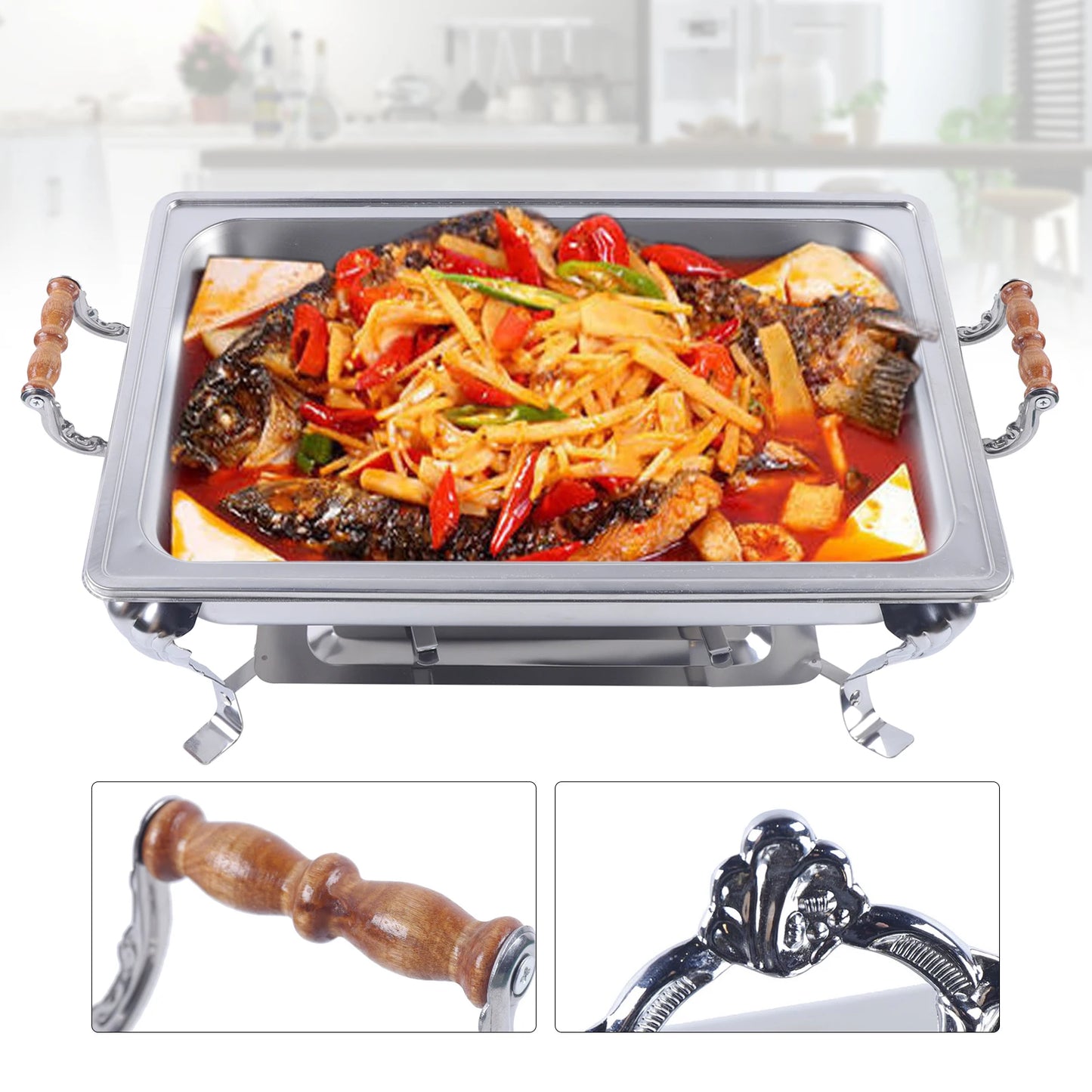 Bymaocar 9L /8quart Catering Stainless Steel Rectangle Chafer Chafing Dish Set Serving Plates Buffet Party Food Warmer Tableware