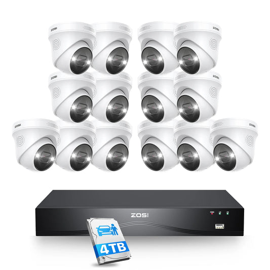 ZOSI 4K 8MP PoE Security Camera System 16 Port 32CH Dual-Disk NVR 4TB AI Detection Audio CCTV Surveillance for Home Business