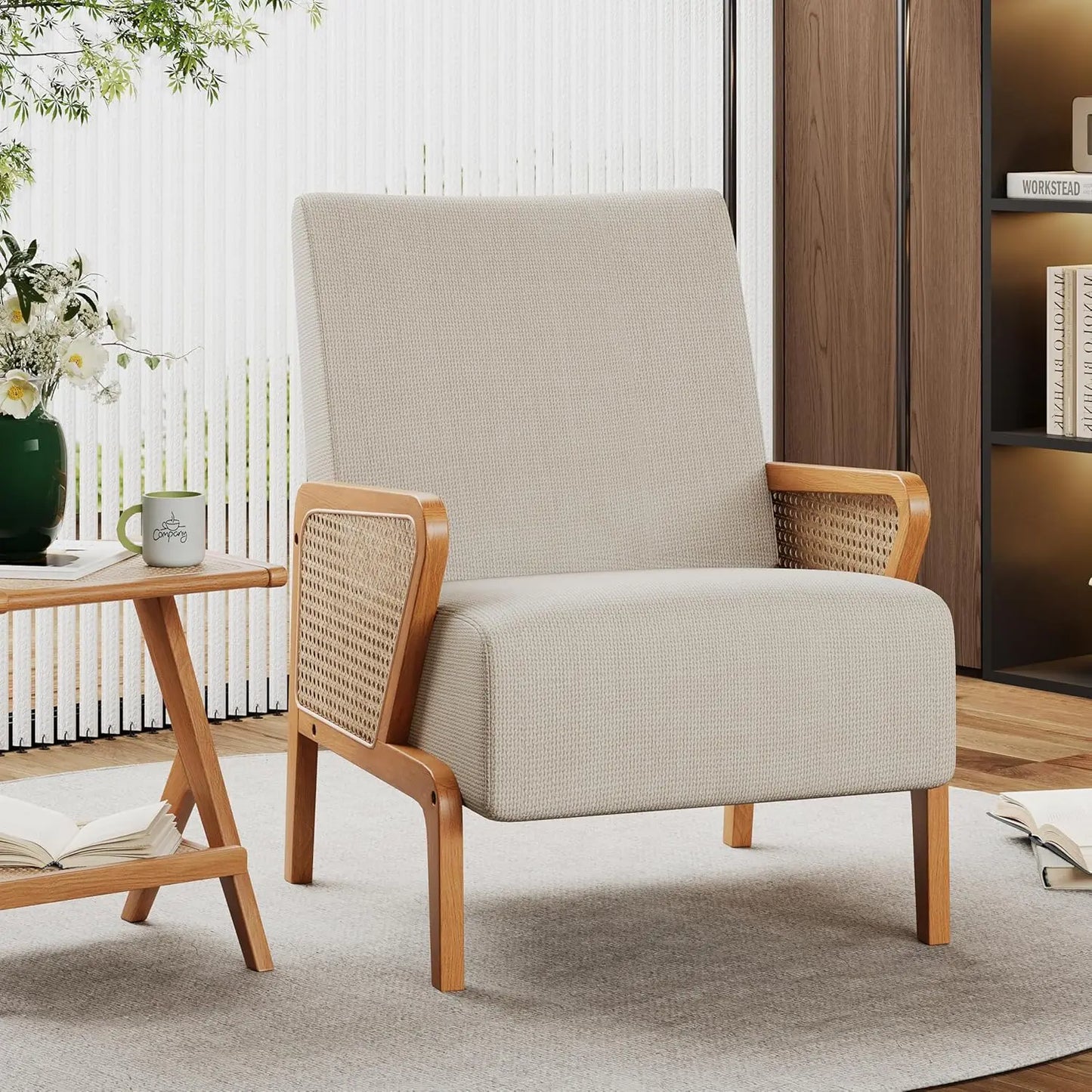 Brown Accent Chair Set of 2 Upholstered Living Room Chairs Natural Rattan Armchair, Modern Faux Leather Slipper