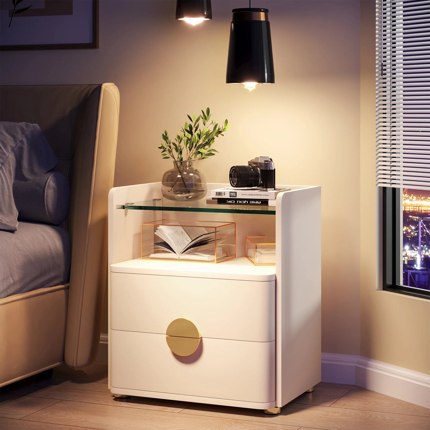 Tribesigns Nightstands, 2-Drawer Modern Night Stand with Open Storage Space, Wood Bed Side Table, Tempered Glasses End Table