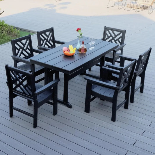 Outdoor HDPE Dining Table Set,7-Piece All Weather Rectangular Wood Grain Patio Table and Chairs with Umbrella Hole for Garden, B